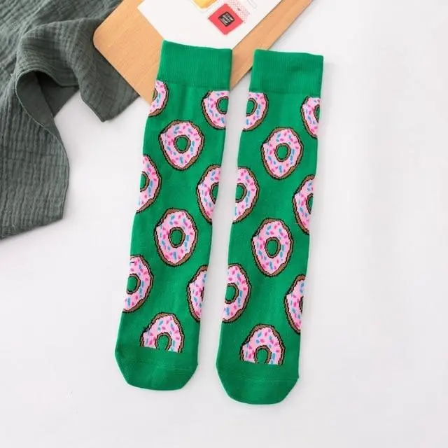 Women Socks Funny Cute Cartoon Fruits Banana Avocado Lemon Egg Cookie Donuts Food Happy Japanese Harajuku Skateboard Socks 20
