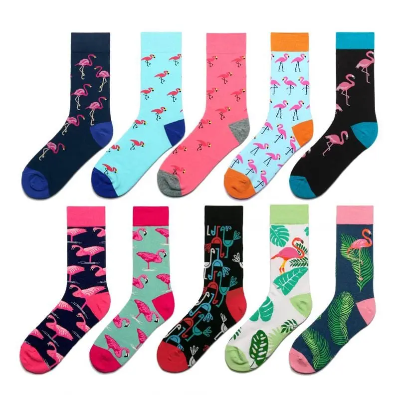Women Socks Pink Green Cartoon Animals Flamingos Printed Harajuku Cute Funny Colorful Happy Female Casual Hip Hop Skate Hosiery 1