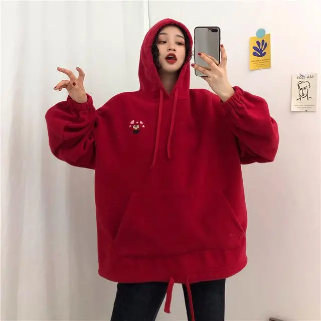Women’s Embroidered Cartoon Hoodie – Trendy Loose-Fit Velvet Long-Sleeve Streetwear Top with Pockets
