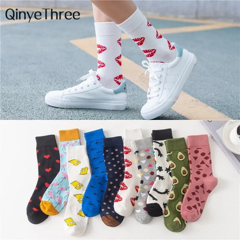 Women's Japanese Colorful Cartoon Mid Tube Socks Unisex Cute Funny Happy Red Lip Heart Avocado Flamingo Socks Christmas Gift 1