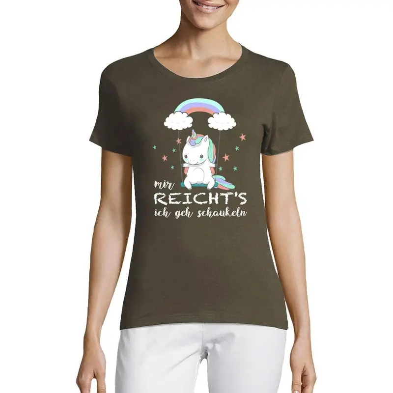 Women’S Short Sleeved T-Shirt Einhorn Auf Schaukel Mir Reicht`S Ich Geh Schaukeln Military Green 1