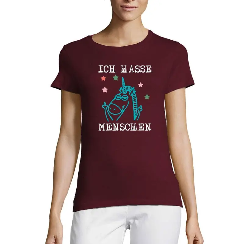 Women’S Short Sleeved T-Shirt Ich Hasse Menschen Einhorn Burgundy 1
