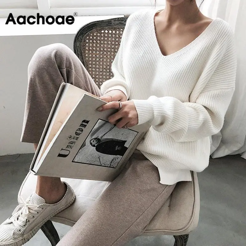 Womens Sweaters 2020 Autumn Winter Casual V Neck Women Pullover Sweater Solid Long Sleeve Fashion Loose Knitted Cashmere Top 1