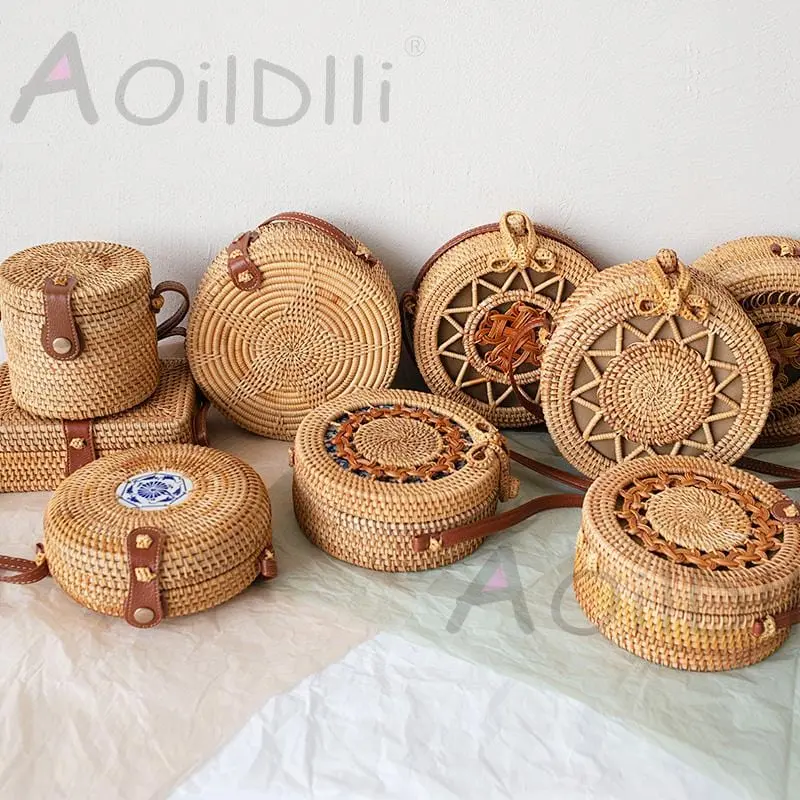 Woven Rattan Bag Round Straw Shoulder Bag Small Beach Handbags Women Summer Hollow Handmade Messenger Crossbody Bags 1