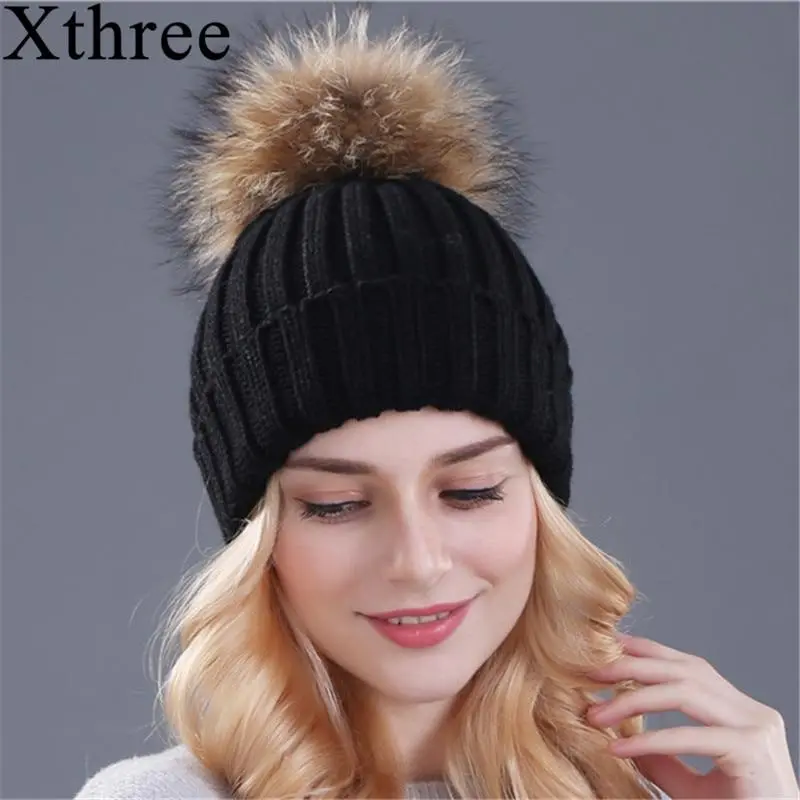 Xthree Mink And Fox Fur Ball Cap Pom Poms Winter Hat For Women Girl 'S Hat Knitted Beanies Cap Brand New Thick Female Cap 1