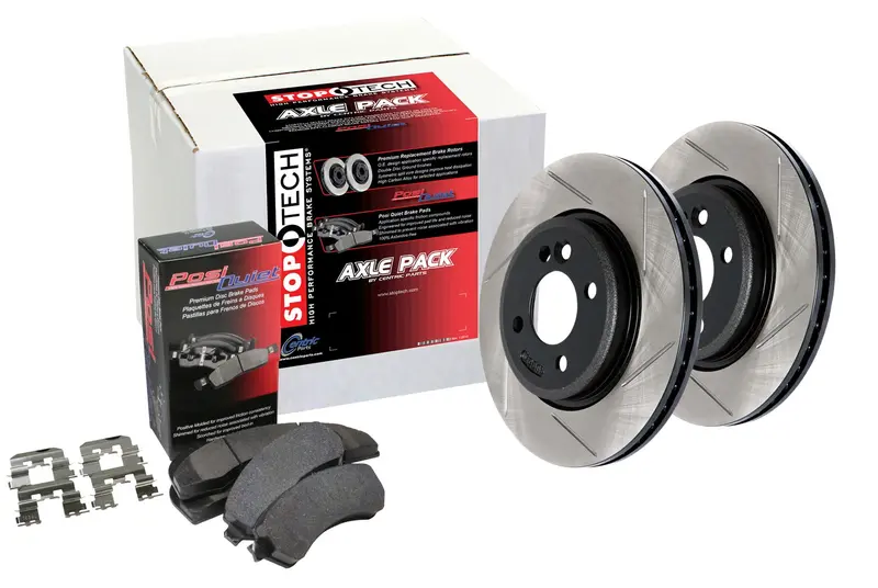 Stoptech Street Axle Brake Kit – Front And Rear Slotted Rotors With Ceramic Pads 1