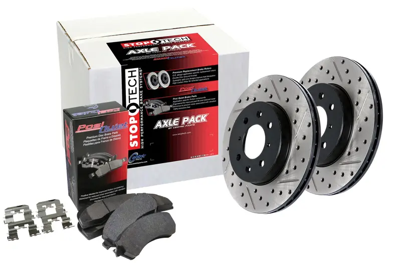 Stoptech Street Axle Brake Kit – Front Drilled & Slotted Rotors With Premium Pads 1
